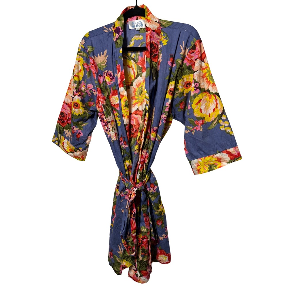 Sandy Waters Floral Robe Blue Pink Yellow Kimono Style Wrap Belted Pockets M/L